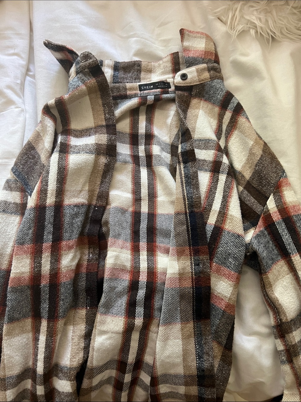 SHEIN Brown Cream Plaid Trench Shacket